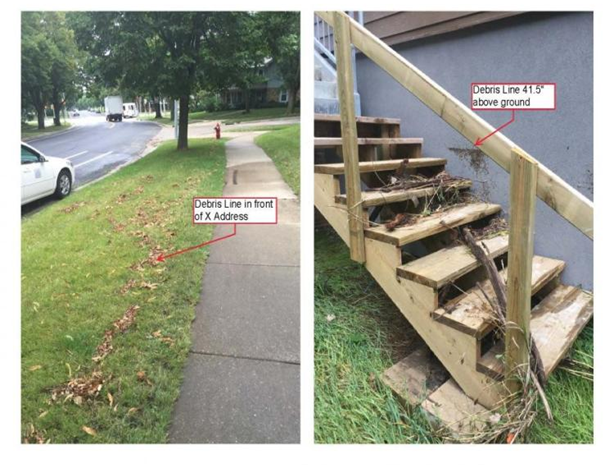 side by side comparison of good examples of showing past flooding with debris line on grass